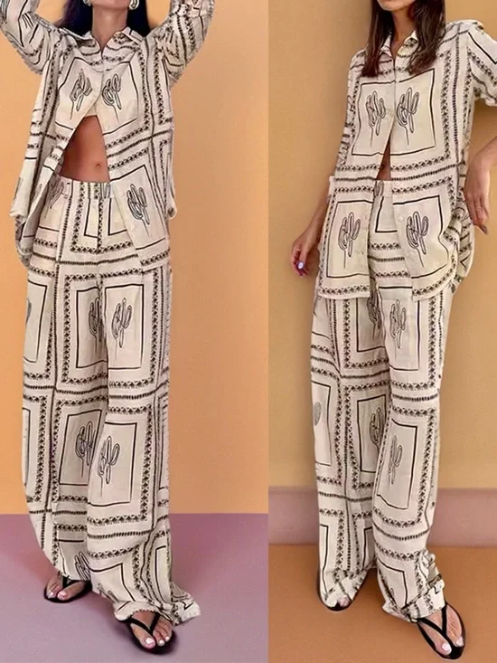 ❤️Hello Gorgeous! Desert Tile Print Cactus Print Button Up Shirt and Pants Set - Picture 4 of 9